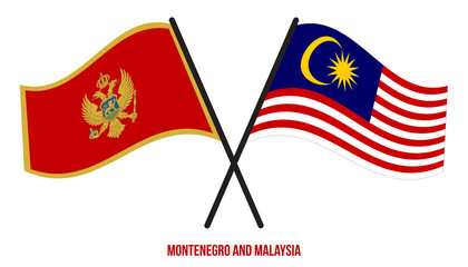 Montenegro and Malaysia Flags Crossed And Waving Flat Style. Official Proportion. Correct Colors.
