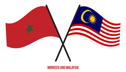 Morocco and Malaysia Flags Crossed And Waving Flat Style. Official Proportion. Correct Colors.