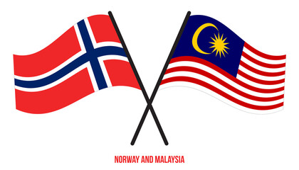 Norway and Malaysia Flags Crossed And Waving Flat Style. Official Proportion. Correct Colors.