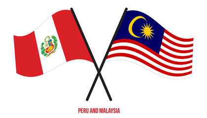 Peru and Malaysia Flags Crossed And Waving Flat Style. Official Proportion. Correct Colors.