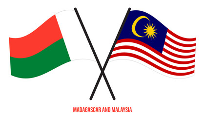 Madagascar and Malaysia Flags Crossed And Waving Flat Style. Official Proportion. Correct Colors.