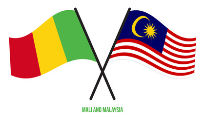 Mali and Malaysia Flags Crossed And Waving Flat Style. Official Proportion. Correct Colors.