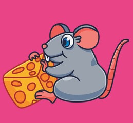 cute cartoon mouse eating cheese. isolated cartoon animal illustration vector