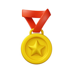 3d golden medal icon with star and red ribbon. Gold sport award for winner. Vector prize badge render illustration isolated on a white background