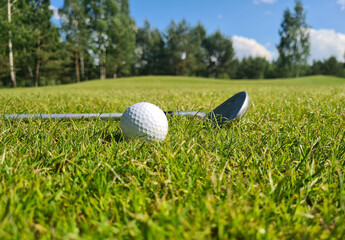 Golf club on golf course putter and ball