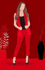Vector illustration of a young blond businesswoman wearing a red sleeveless blazer and casual outfit in a minimal background. Flat female portrait illustration.