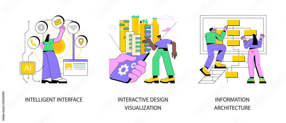 Poster software development abstract concept vector illustration set. intelligent interface, interactive de
