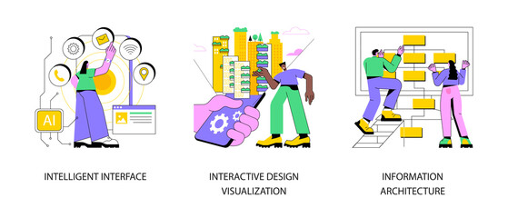 Software development abstract concept vector illustration set. Intelligent interface, interactive design visualization, information architecture, usability engineering, web design abstract metaphor. - obrazy, fototapety, plakaty