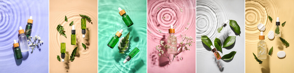 Collage with natural cosmetic serum and essential oils, top view