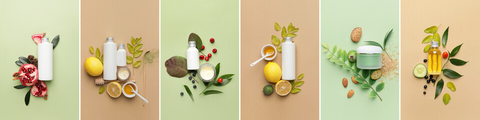 Collage with natural cosmetics on colorful background, top view