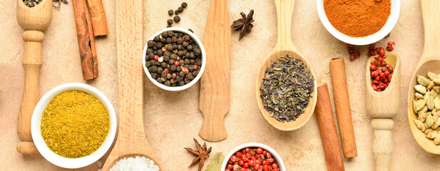 Set of aromatic spices on beige background. Banner for design