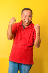 Attractive Asian senior man wearing casual shirt celebrating success with arms raised and beamed...