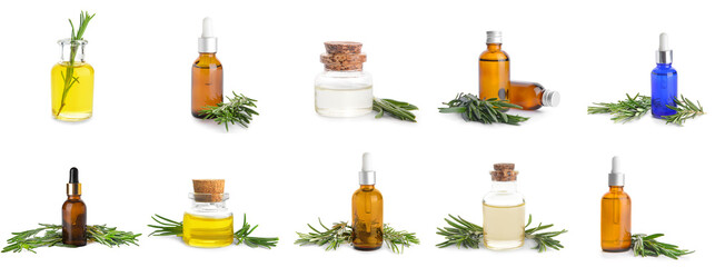 Set of bottles with healthy rosemary essential oil on white background