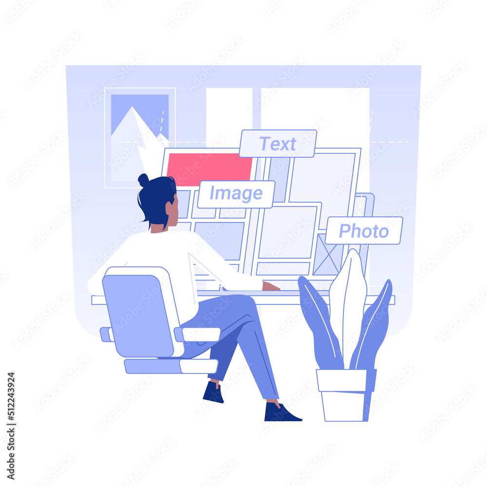 Poster layout designer isolated concept vector illustration. professional layout editor creating design of 