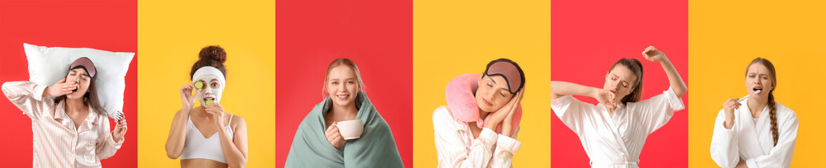 Set of beautiful women in pajamas and bathrobes, with sleep masks, pillows, cup of coffee, blanket...