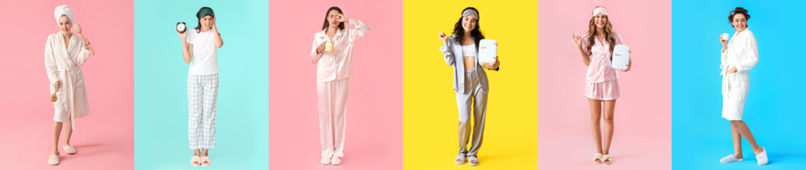 Set of beautiful women in pajamas and bathrobes, with sleep masks, cups of coffee, brushes, alarm clock and makeup refrigerators on color background