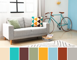 Interior of beautiful living room with comfortable sofa and bicycle. Different color patterns