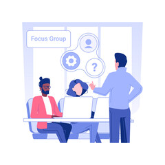 Focus group isolated concept vector illustration. Group of diverse people discussing new product before launch, market research, collect customer feedback, share opinion vector concept.