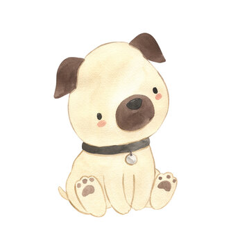 Watercolor Pug. Dog illustration for kids