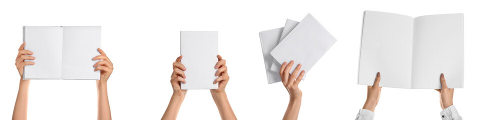 Hands with blank books isolated on white