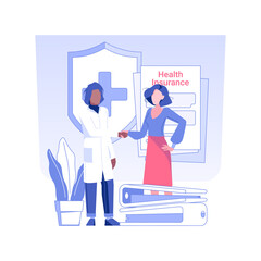 Health insurance isolated concept vector illustration. Woman making successful deal in medical insurance, business industry, health protection, meeting with doctor vector concept.