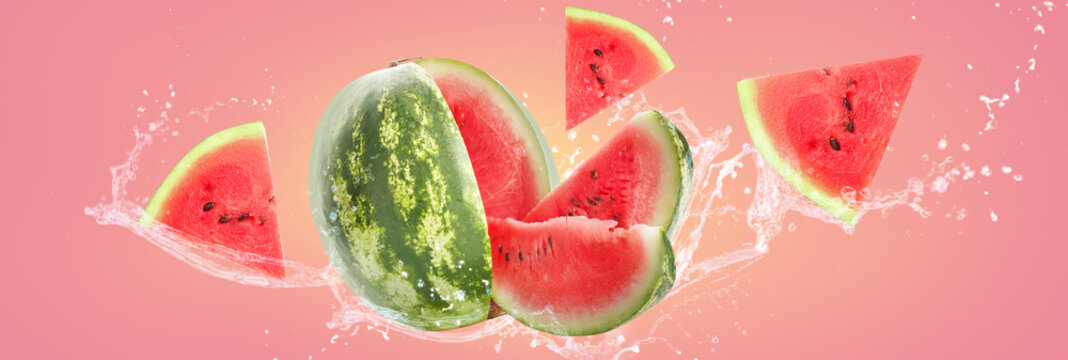 Ripe watermelon with slices on white background