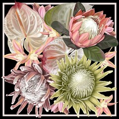 Protea bouquet. watercolor realist flowers of protea and anthurium. Illustration wallpaper. fabric print - obrazy, fototapety, plakaty