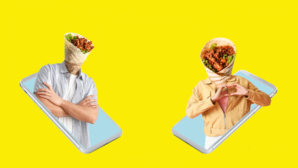 Hands holding mobile phones and people with burrito instead of their heads on yellow background