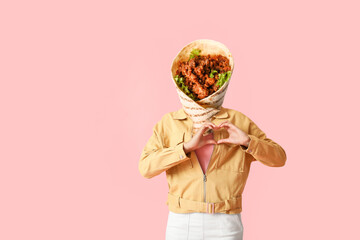 Woman with tasty burrito instead of her head on pink background