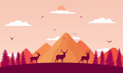 Mountain Landscape with Deer and Eagles in forest hill. Vector Illustration