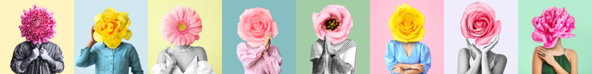 Set of people with beautiful flowers instead of their heads on colorful background