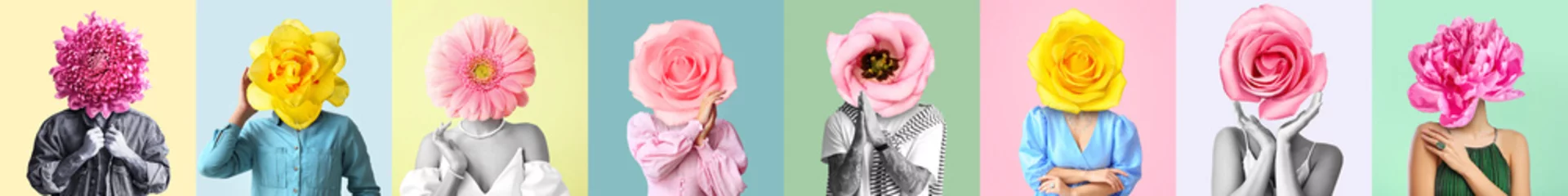 Foto op Aluminium Set of people with beautiful flowers instead of their heads on colorful background © Pixel-Shot