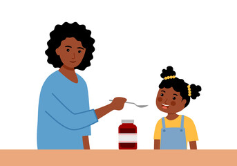 African mother is feeding syrup medicine to her daughter in flat design. Sick girl take medicine syrup for disease treatment.