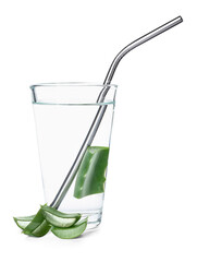 Glass of aloe juice with straw and leaves on white background