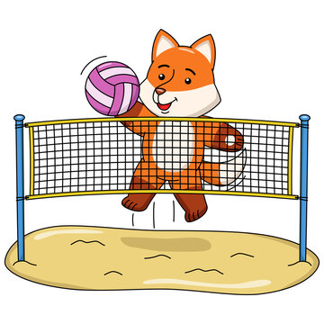 Cartoon illustration of a fox playing volleyball