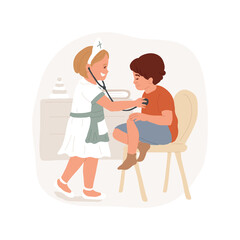 Role-playing games isolated cartoon vector illustration. Pretend game, peers play social role game, act out situation, emotional development of disabled children, autism daycare vector cartoon.