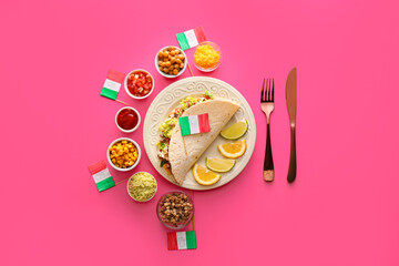 Composition with Mexican traditional food and flags on pink background