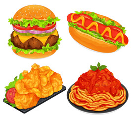 American fast food set menu close up illustration vector. (Cheeseburger, Sausage hot dog, Deep fried chicken and Tomato spaghetti) 