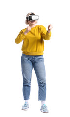 Beautiful blonde woman in VR glasses on white background