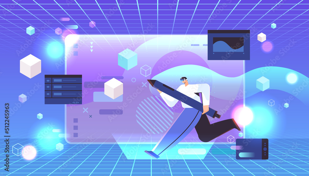 Poster designer in digital glasses drawing in graphic editor creating website user interface vr vision head