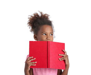 Little African-American girl with book on white background