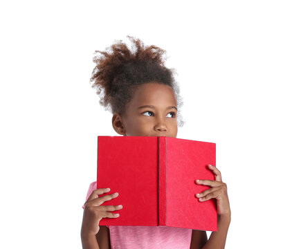 Little African-American Girl With Book On White Background