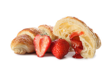 Delicious croissants with strawberry jam on white background