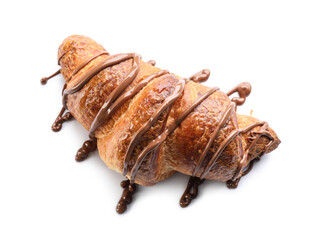 Delicious croissants with chocolate on white background