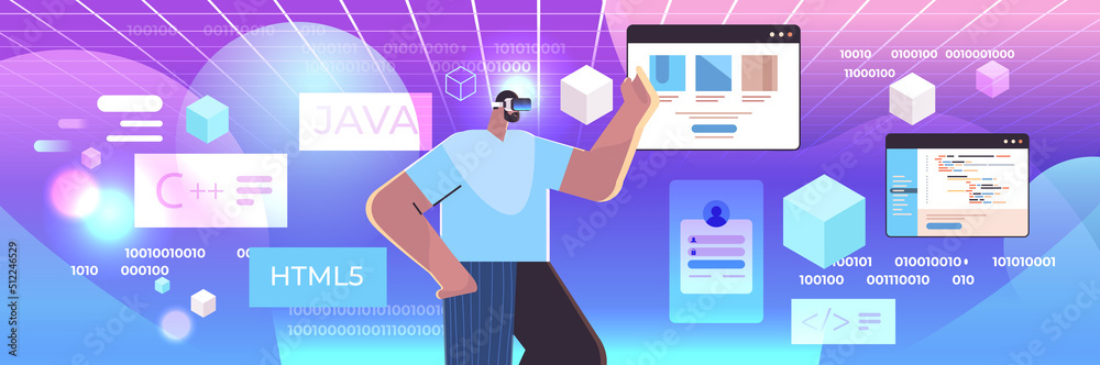 Poster web developer in digital glasses creating program code development of software vr vision headset inn