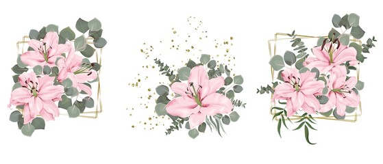 Vector flower set for wedding design. Pink lilies, eucalyptus, plants, leaves, golden elements. Flowers on a white background