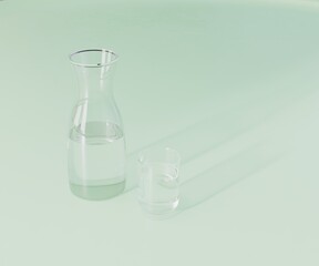 glass of water with bottle on light green surface, 3d rendering