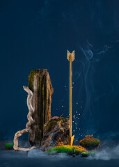 Golden arrow in the woods, fairy tale scene, the Princess and the Frog