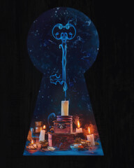 Keyhole looking on candles with smoke in the shape of a key, magical scene