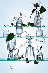 Fragile glass composition in backlight with vases, goblets and magnolia vine, schisandra